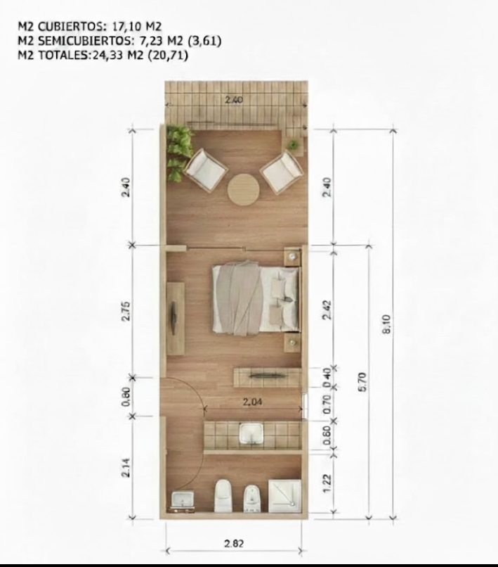 Plano técnico Módulo KIKUE — 24,33 m²